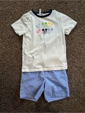Janie and Jack White Tee with Multicolor Mickeys & Light Blue Shorts